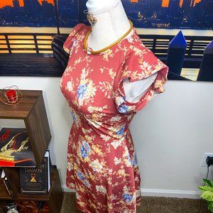 Exhilaration Red Floral Classy Form Fitting Spring Summer Midi Skater Dress